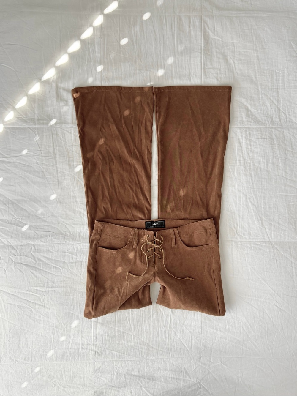 Vintage Y2K L.E.I. Tan Brown Lace Up Front Suede Lowrise Flare Pants Size 7